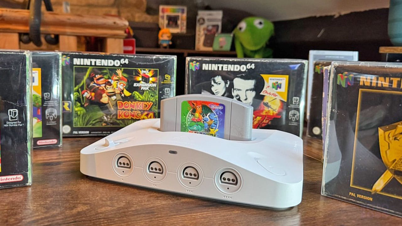 Analogue 3D on my desk surrounded by N64 Games