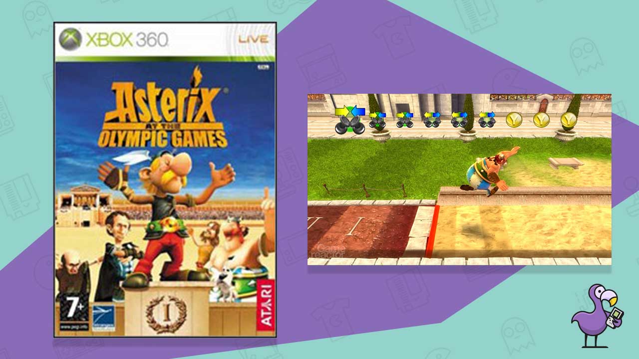 asterix at the olympic games xbox 360 game cover art (left) and gameplay showing Obelix long jumping onto sand