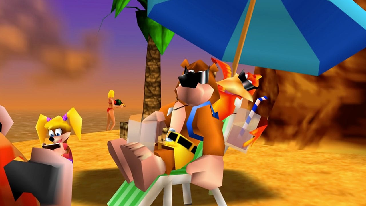Banjo and characters on a beach 