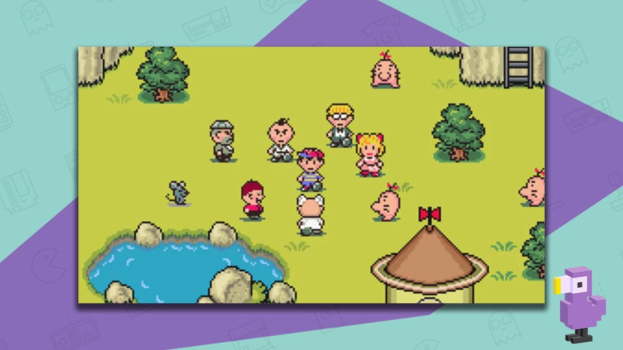 Gameplay shot of Earthbound, with NES standing in the centre of a group of characters in a field. There is a small pond nearby.