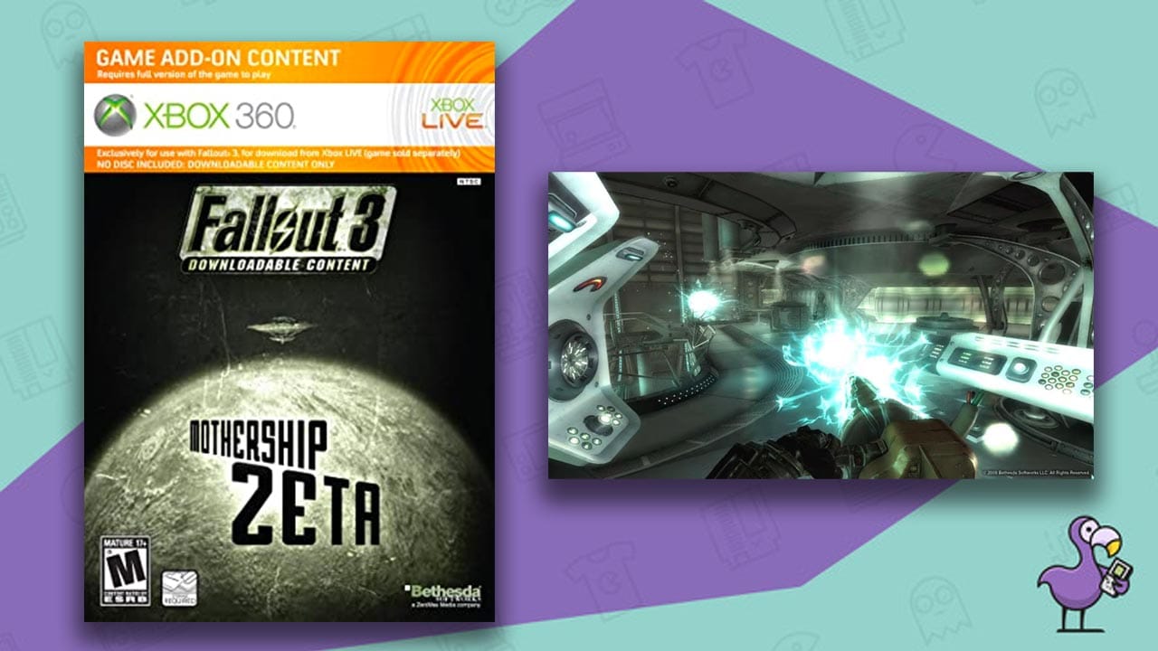 Fallout 3 Mothership Zeta game add on content art (left) and gameplay of a gin firing blue beams at an enemy (right)