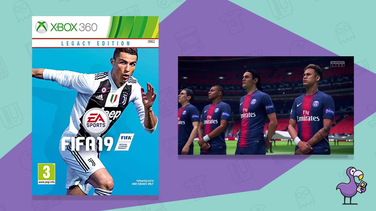 fifa 19 xbox 360 game box (left) and gameplay showing the Paris Saint-Germain team lining up before the start of a match