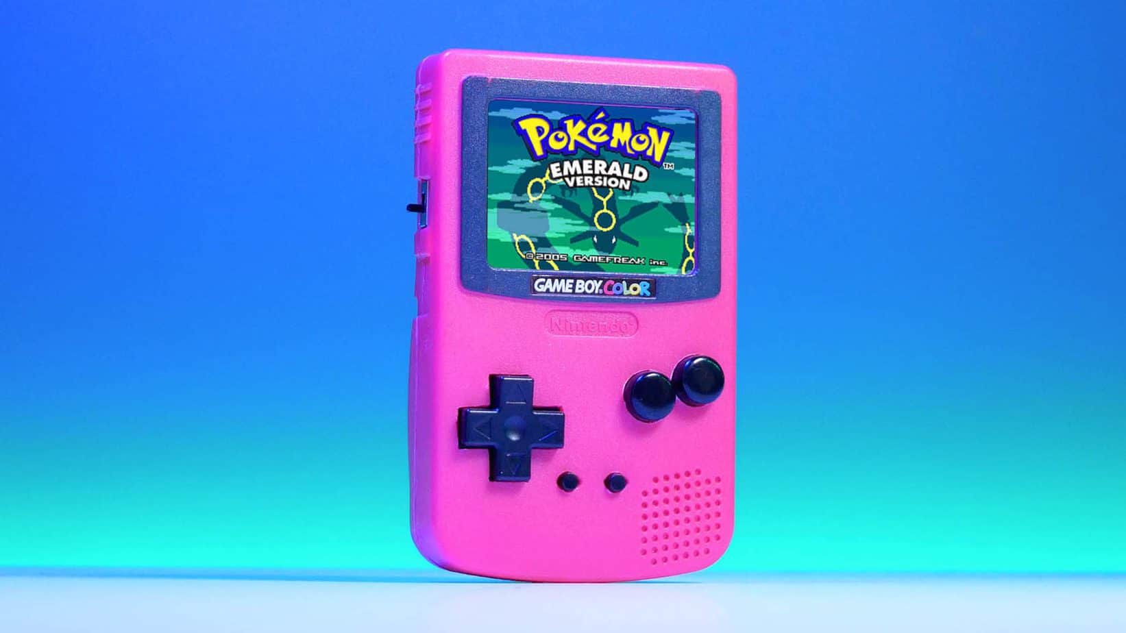 Pink Game Boy colour 9cm tall with a Raspberry Pi inside, playing Pokemon Emerald