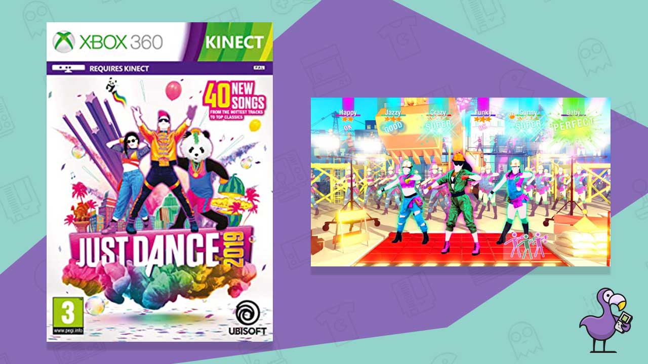 just dance 2019 cover art for the Xbox 360 (left) and gameplay showing dancers moving in unison (right)