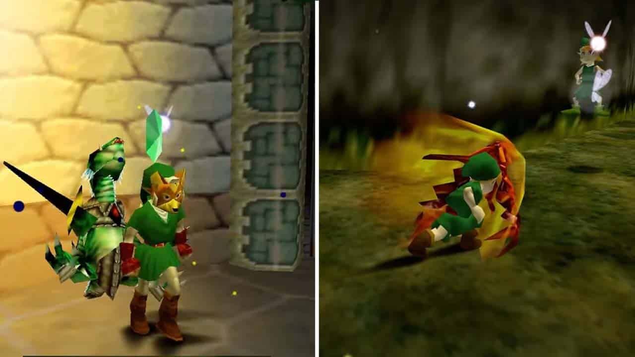 Adult Link as Star Fox (left) and Young Link Falcon Punching Milo
