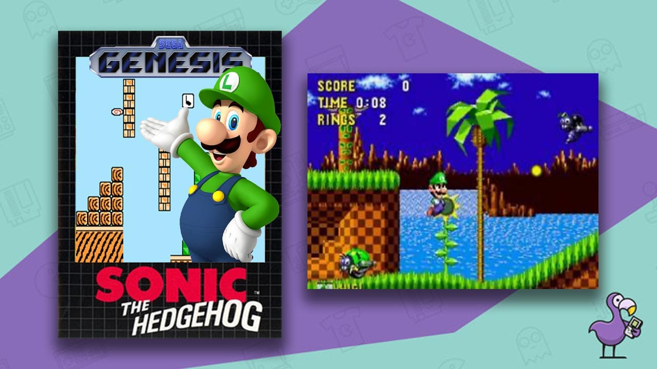 Sonic the Hedgehog game case remade with Luigi and a Mario Level on the cover 