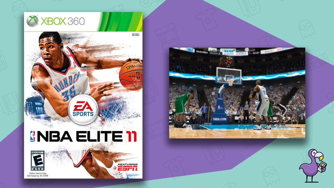 NBA Elite 11 game case for the Xbox 360 (left) and gameplay showing players stood around the net (right)