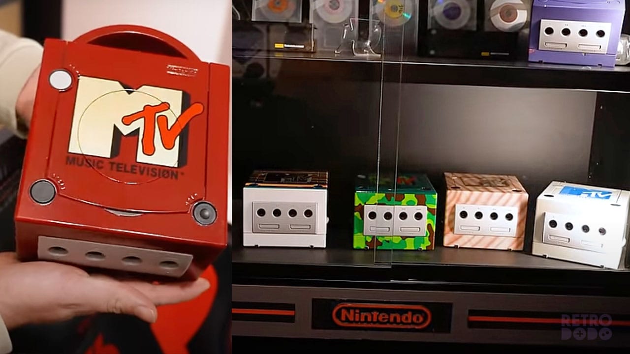 5 GameCube consoles with custom paint jobs - Red (left) and various other designs (right)