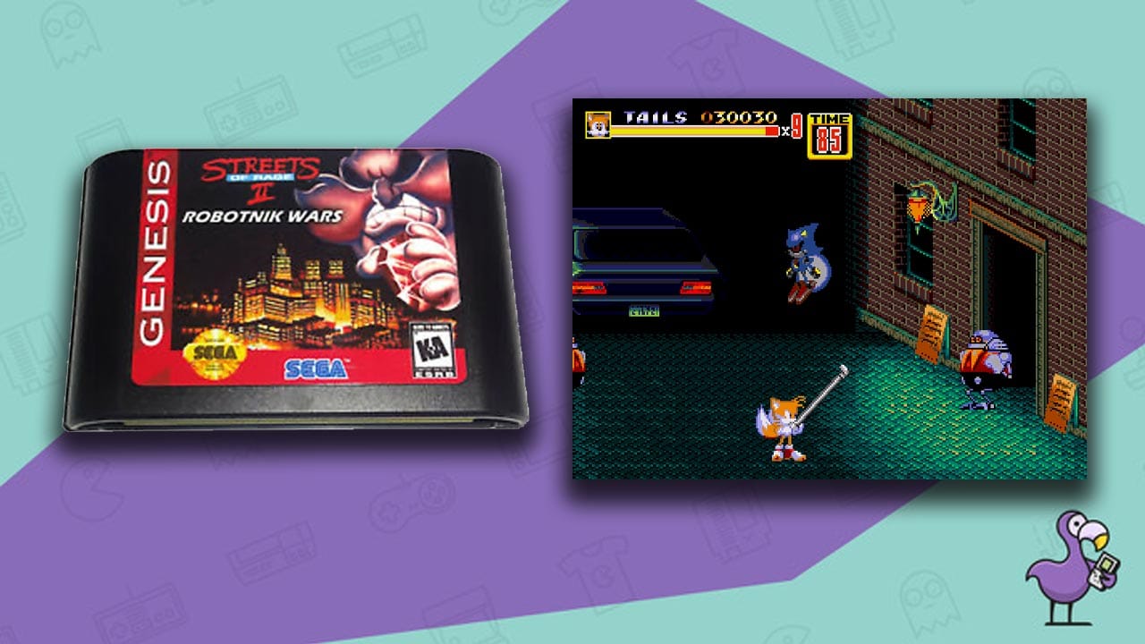A game cart of Robotnik Wars and gameplay showing Tails holding a metal pipe