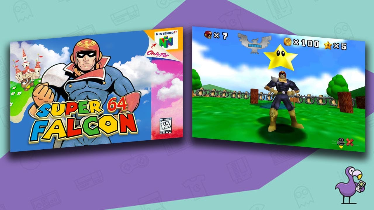 Super Falcon 64 game case and gameplay showing Captain Falcon