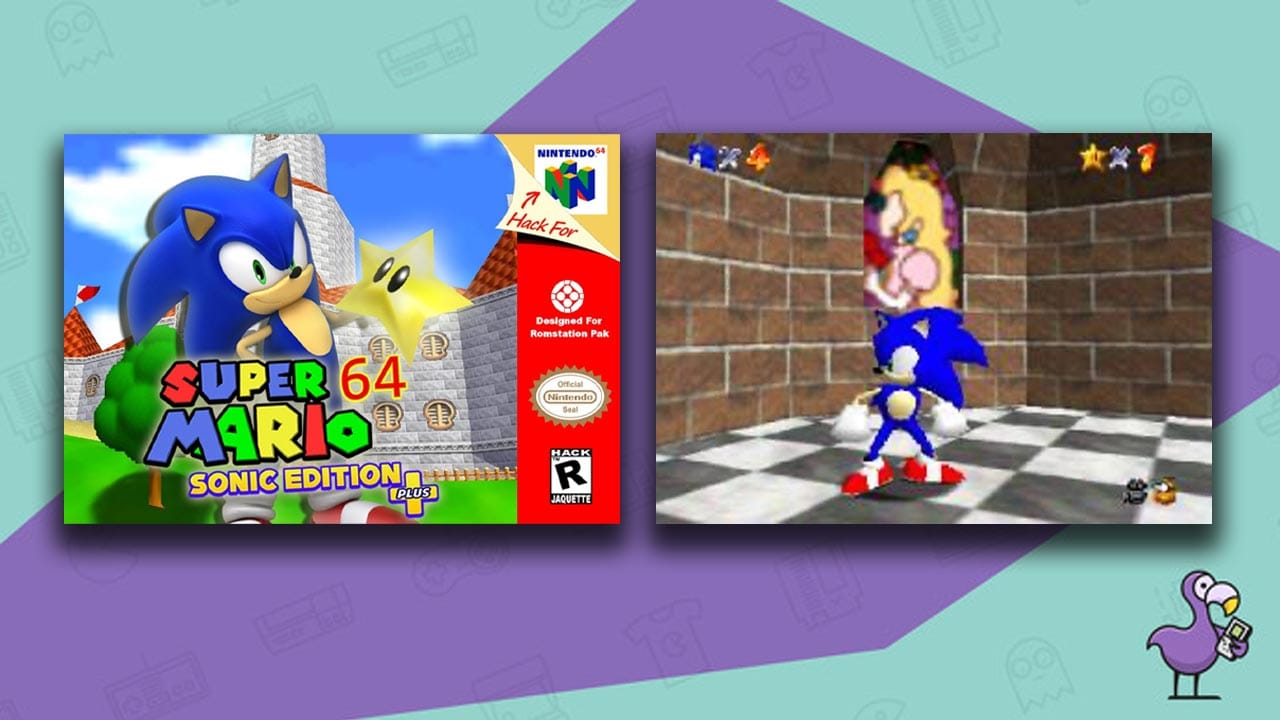 Game case and gameplay showing Sonic in Super Mario 64