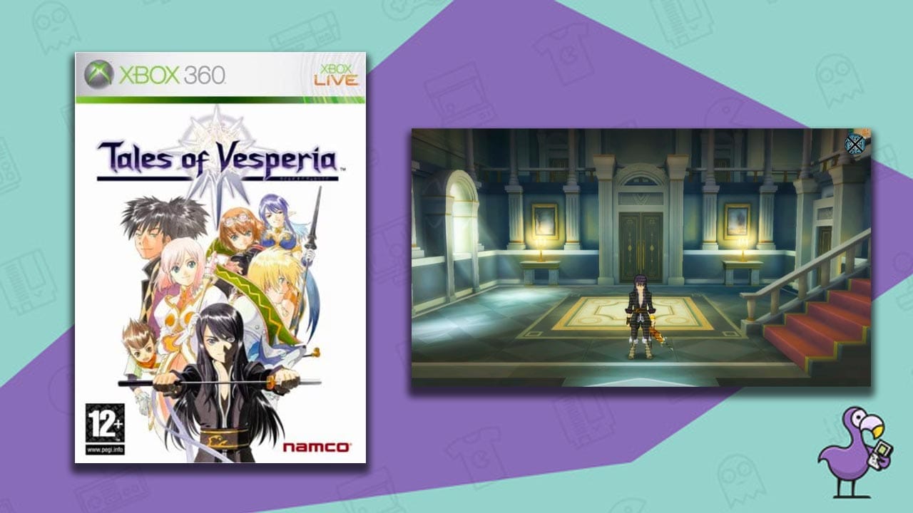 Tales of Vesperia special edition game box (left) and gameplay showing a character standing in a large entrance hall.
