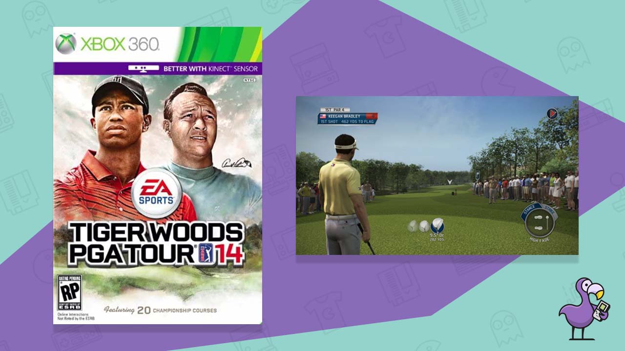 Tiger Woods PGA Tour '14: Masters Historic Edition Xbox 360 game box (left) and gameplay showing a golfer looking down the course (right(