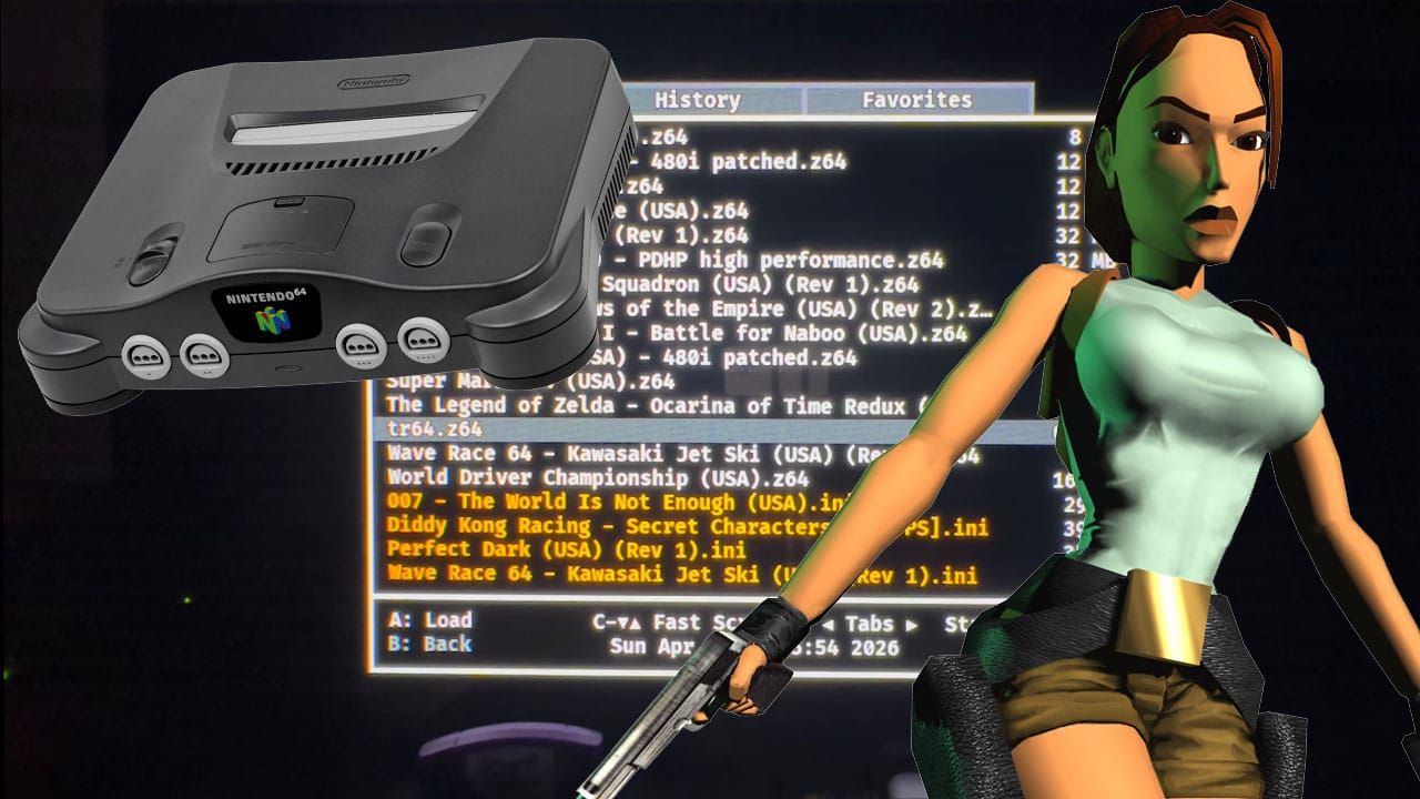 Image showing a file for Tomb Raider on the N64 with Lara Croft and an N64 super imposed